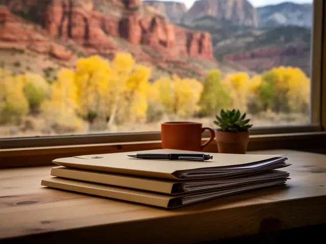 A neat stack of closed manila folders and a pen on a desk by a window.