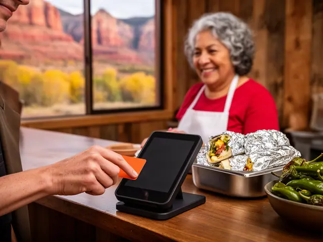 A customer tapping a card on a counter reader beside foil-wrapped breakfast burritos and roasted green chiles.