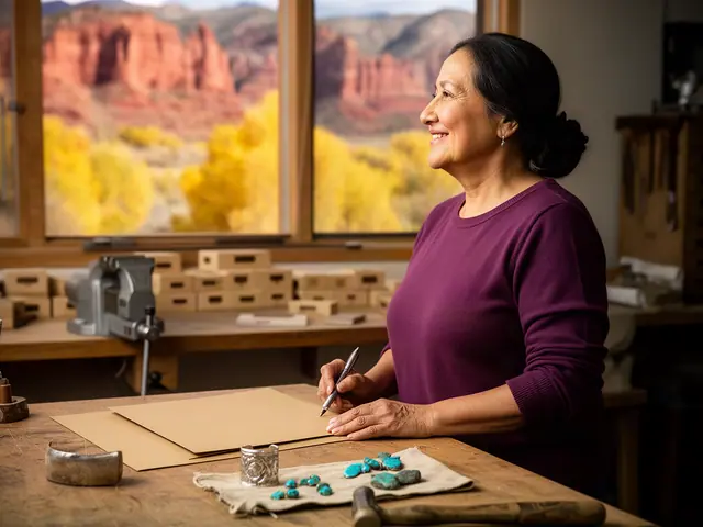 A jewelry maker at her bench with a silver cuff, loose turquoise stones and a closed folder.